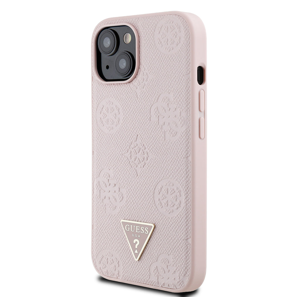 Apple iPhone 13/15 Kılıf Guess Magsafe Şarj Özellikli Üçgen Logolu PU Deri Peony Kapak Pembe