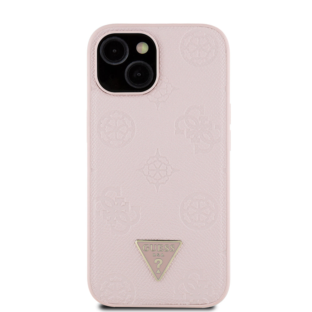 Apple iPhone 13/15 Kılıf Guess Magsafe Şarj Özellikli Üçgen Logolu PU Deri Peony Kapak Pembe