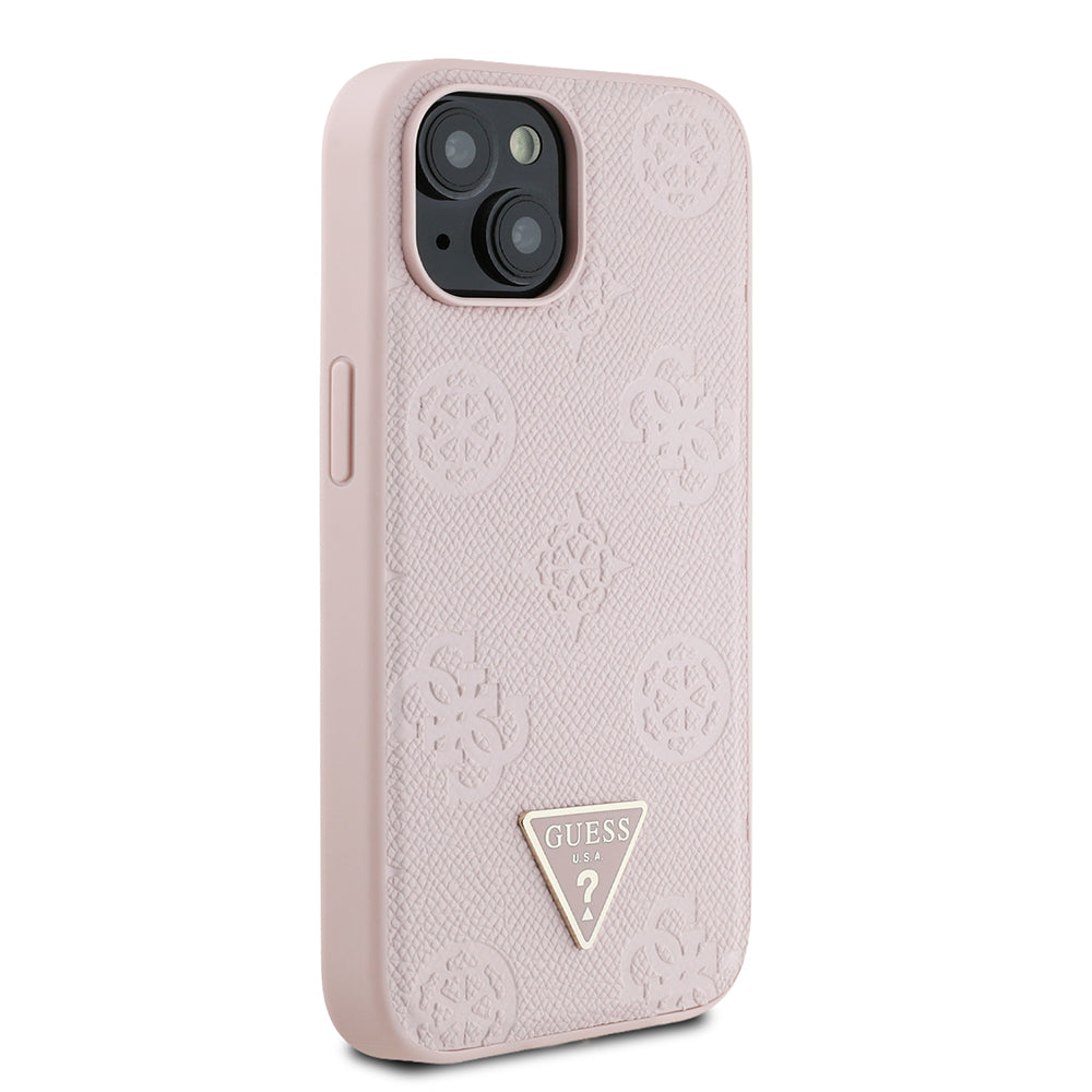 Apple iPhone 13/15 Kılıf Guess Magsafe Şarj Özellikli Üçgen Logolu PU Deri Peony Kapak Pembe