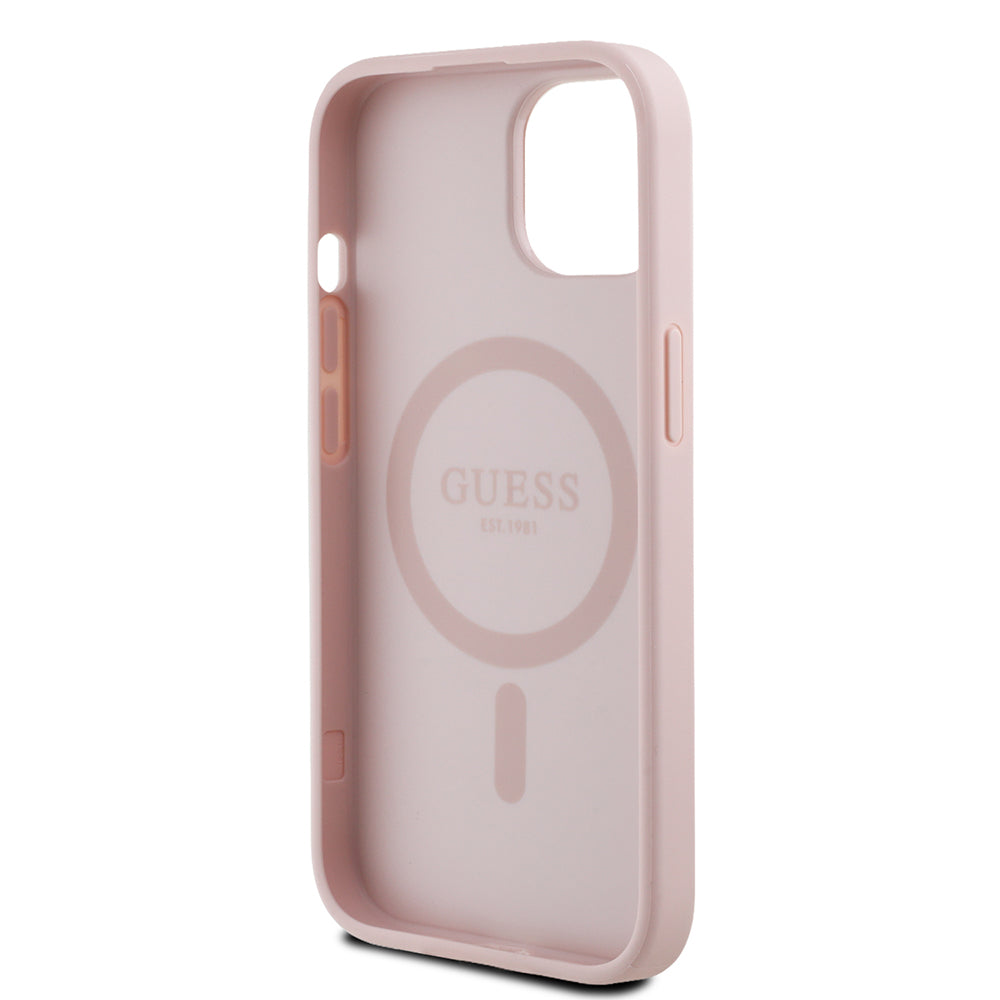 Apple iPhone 13/15 Kılıf Guess Magsafe Şarj Özellikli Üçgen Logolu PU Deri Peony Kapak Pembe