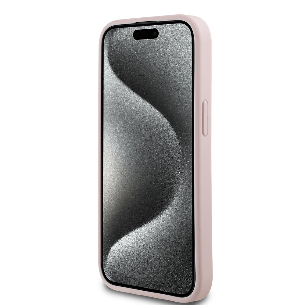Apple iPhone 13/15 Kılıf Guess Magsafe Şarj Özellikli Üçgen Logolu PU Deri Peony Kapak Pembe