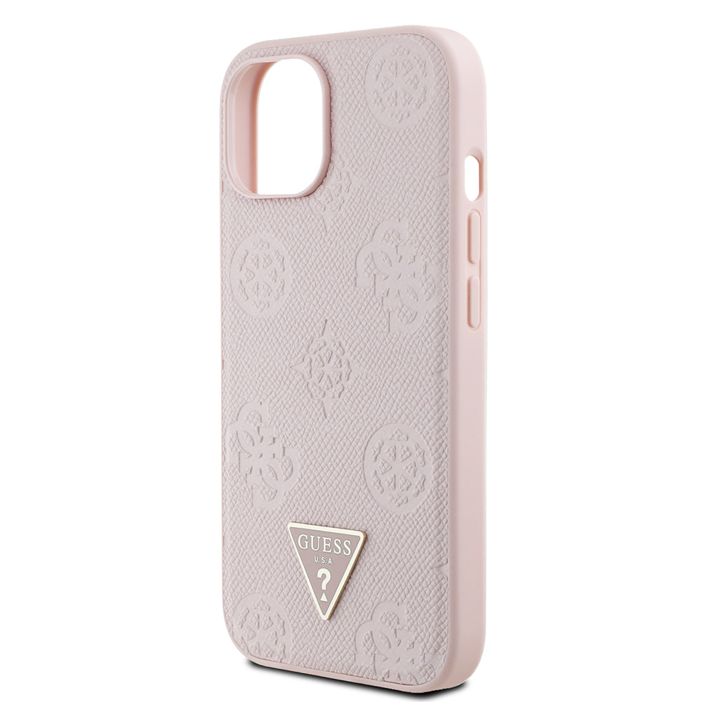 Apple iPhone 13/15 Kılıf Guess Magsafe Şarj Özellikli Üçgen Logolu PU Deri Peony Kapak Pembe