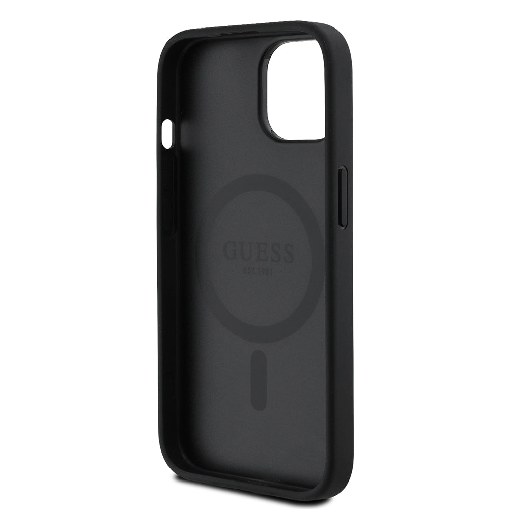 Apple iPhone 13/15 Kılıf Guess Magsafe Şarj Özellikli Üçgen Logolu PU Deri Peony Kapak Siyah