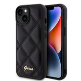 Apple iPhone 15 Kılıf Guess PU Deri Metal Yazı Logolu Kapitone Kapak Siyah