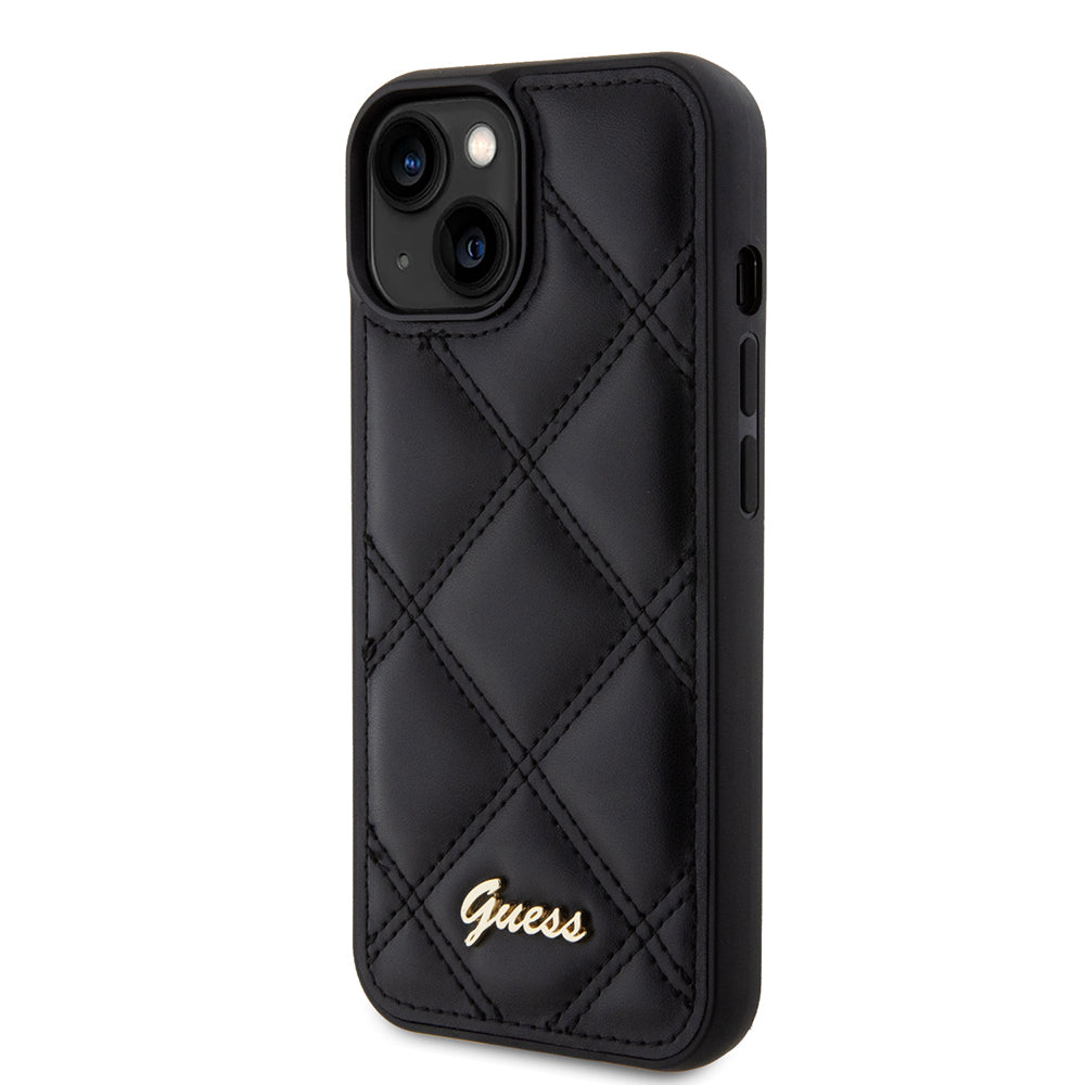 Apple iPhone 13/15 Kılıf Guess PU Deri Metal Yazı Logolu Kapitone Kapak Siyah