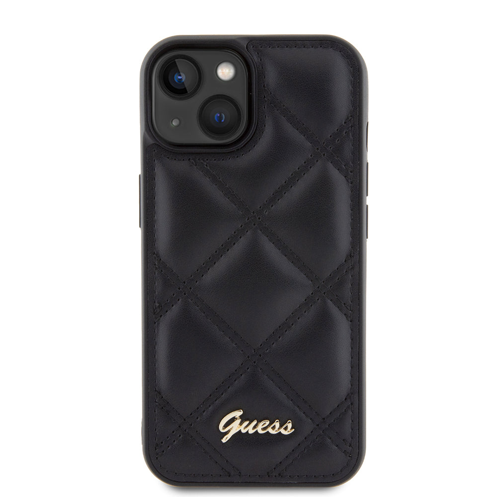 Apple iPhone 13/15 Kılıf Guess PU Deri Metal Yazı Logolu Kapitone Kapak Siyah