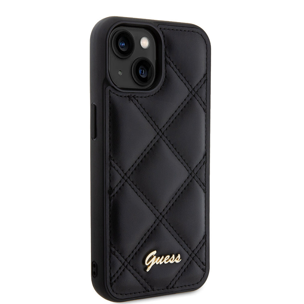 Apple iPhone 13/15 Kılıf Guess PU Deri Metal Yazı Logolu Kapitone Kapak Siyah