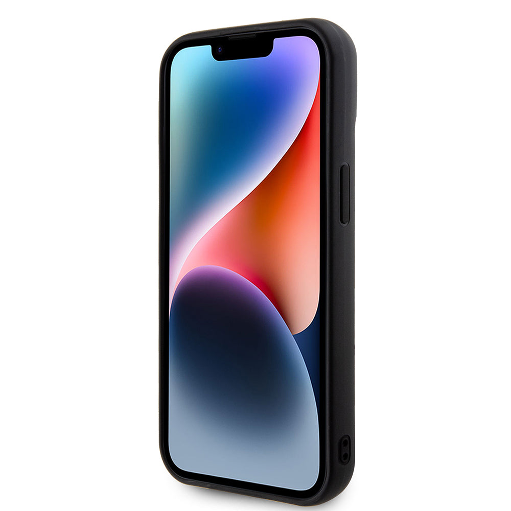 Apple iPhone 13/15 Kılıf Guess PU Deri Metal Yazı Logolu Kapitone Kapak Siyah