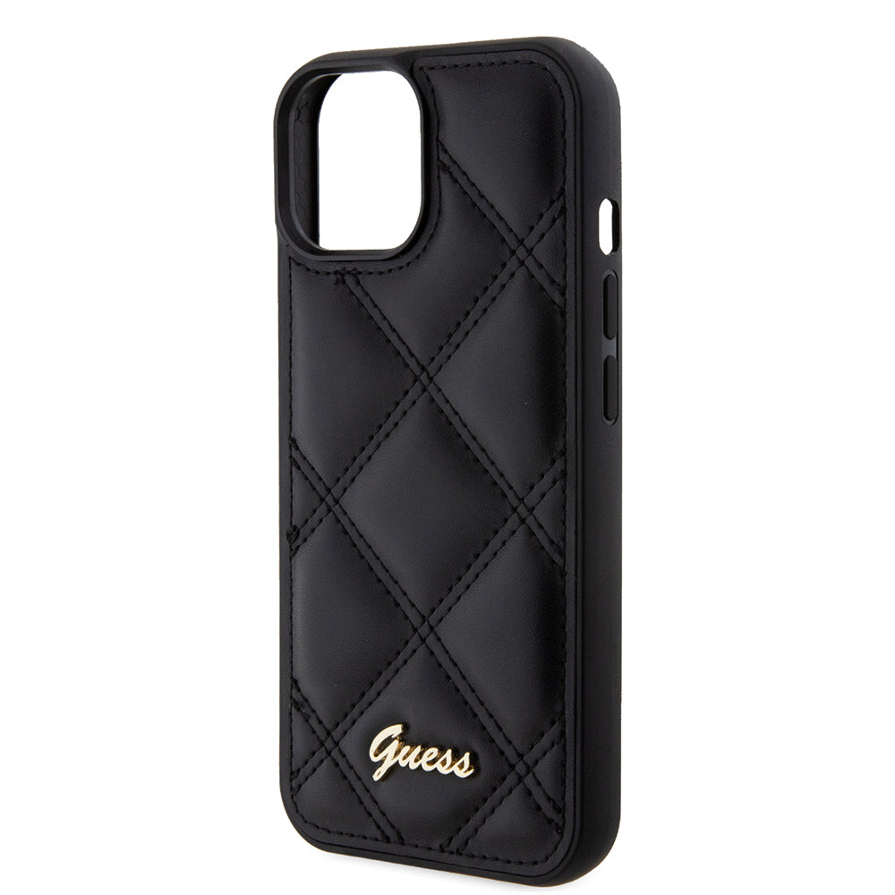 Apple iPhone 13/15 Kılıf Guess PU Deri Metal Yazı Logolu Kapitone Kapak Siyah