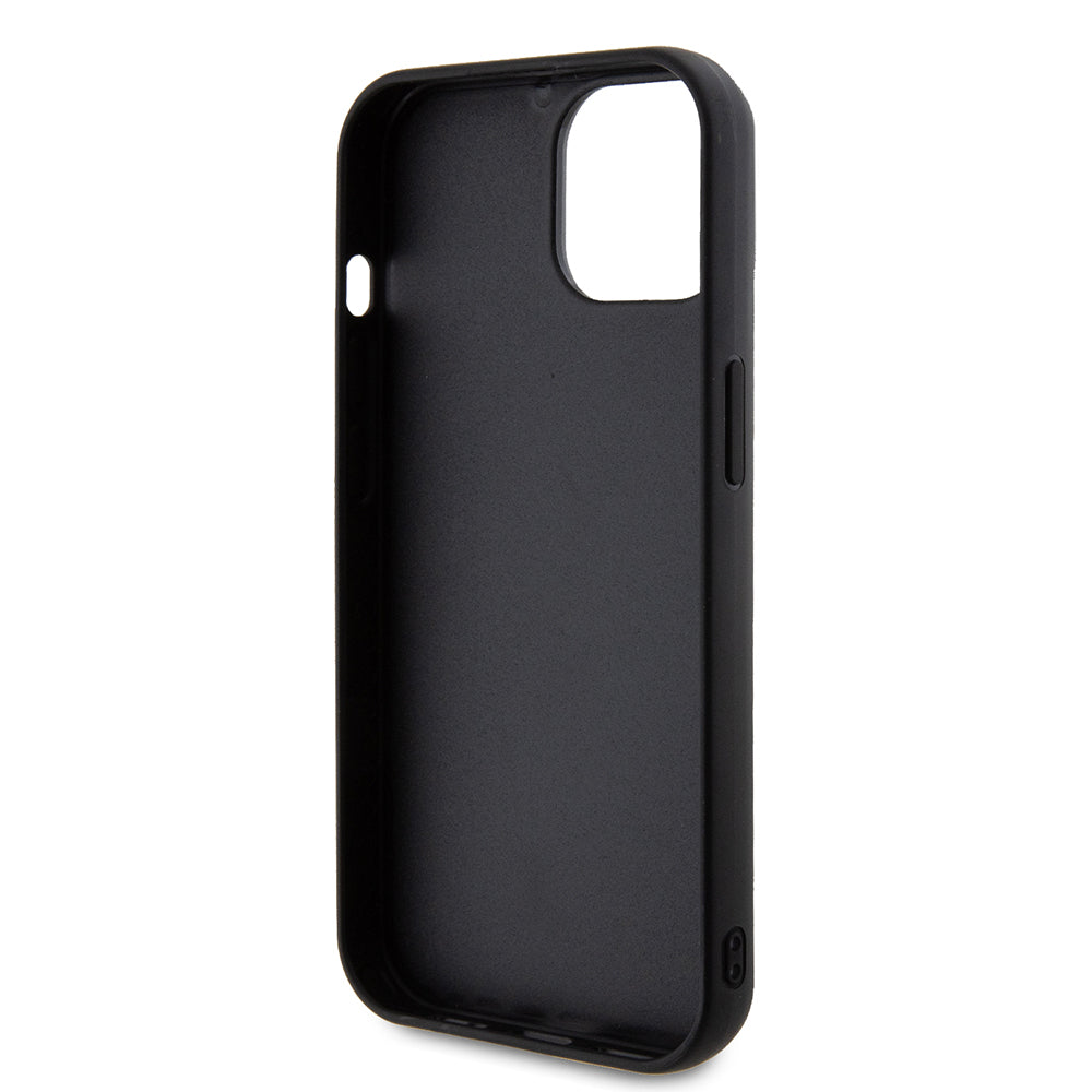 Apple iPhone 13/15 Kılıf Guess PU Deri Metal Yazı Logolu Kapitone Kapak Siyah