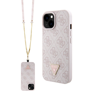 Apple iPhone 15 Kılıf Guess PU Deri Taşlı Metal Üçgen Logolu Çapraz Vücut Askılı Kapak Pembe