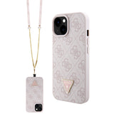 Apple iPhone 15 Kılıf Guess PU Deri Taşlı Metal Üçgen Logolu Çapraz Vücut Askılı Kapak Pembe