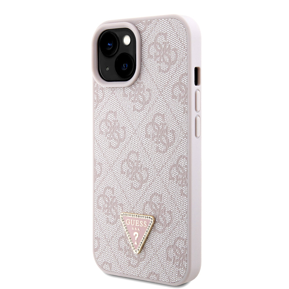 Apple iPhone 13/15 Kılıf Guess PU Deri Taşlı Metal Üçgen Logolu Çapraz Vücut Askılı Kapak Pembe