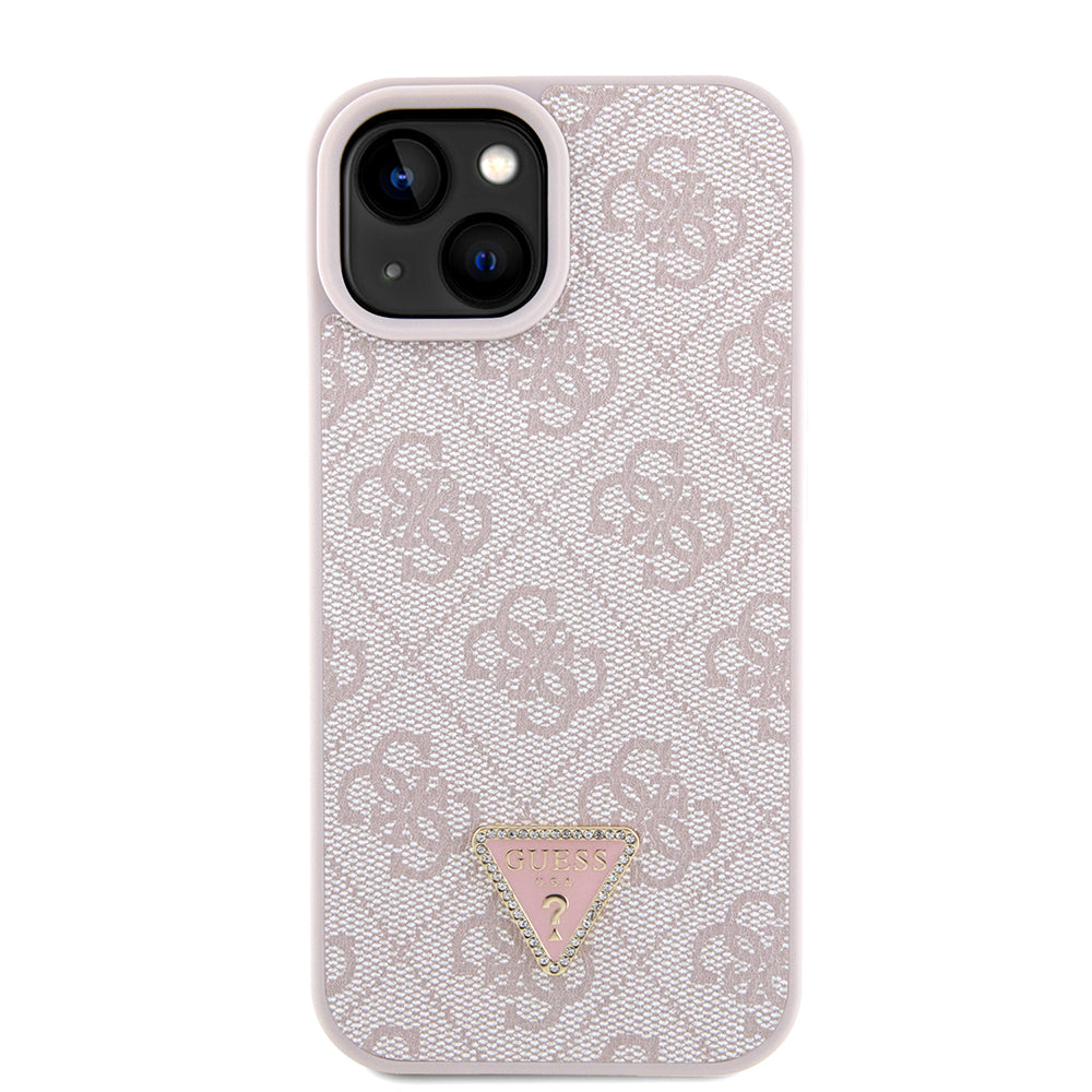 Apple iPhone 13/15 Kılıf Guess PU Deri Taşlı Metal Üçgen Logolu Çapraz Vücut Askılı Kapak Pembe