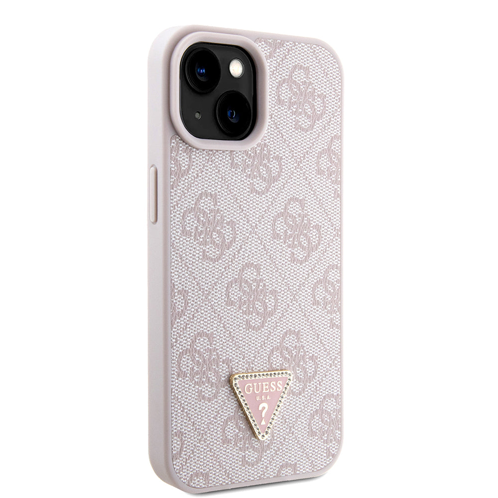 Apple iPhone 13/15 Kılıf Guess PU Deri Taşlı Metal Üçgen Logolu Çapraz Vücut Askılı Kapak Pembe