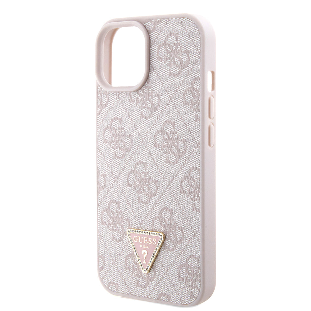 Apple iPhone 13/15 Kılıf Guess PU Deri Taşlı Metal Üçgen Logolu Çapraz Vücut Askılı Kapak Pembe