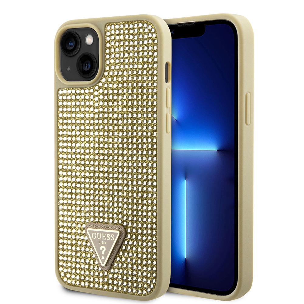 Apple iPhone 14 Kılıf Guess Üçgen Logolu Rhinestone Taşlı Kapak Gold