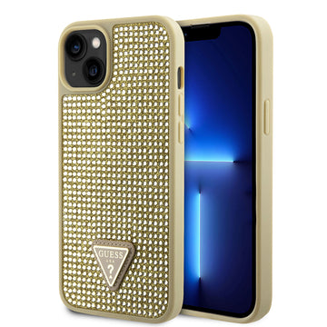 Apple iPhone 14 Kılıf Guess Üçgen Logolu Rhinestone Taşlı Kapak Gold