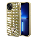 Apple iPhone 15 Kılıf Guess Üçgen Logolu Rhinestone Taşlı Kapak Gold