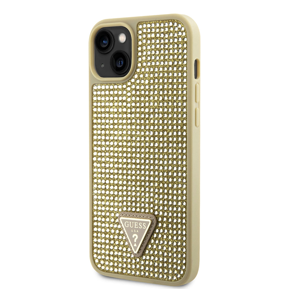 Apple iPhone 14 Kılıf Guess Üçgen Logolu Rhinestone Taşlı Kapak Gold