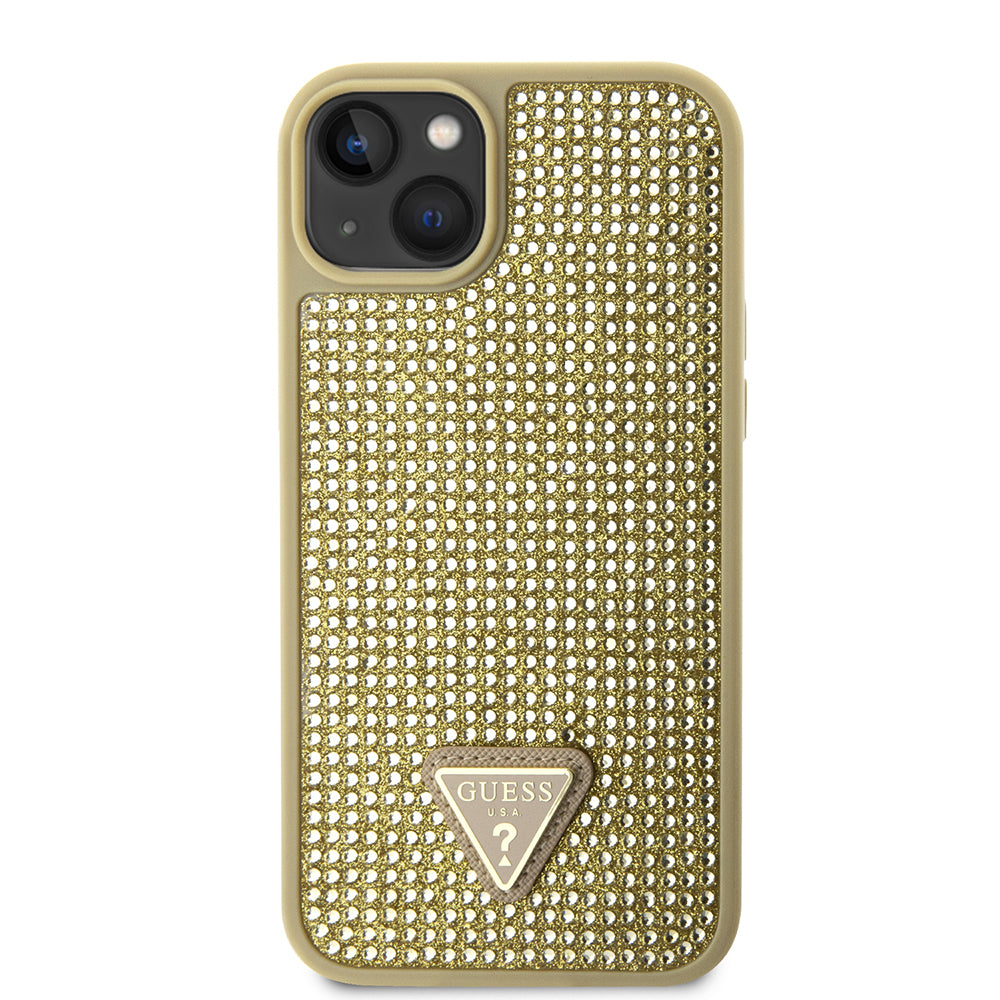 Apple iPhone 14 Kılıf Guess Üçgen Logolu Rhinestone Taşlı Kapak Gold
