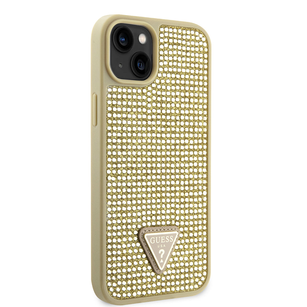 Apple iPhone 14 Kılıf Guess Üçgen Logolu Rhinestone Taşlı Kapak Gold