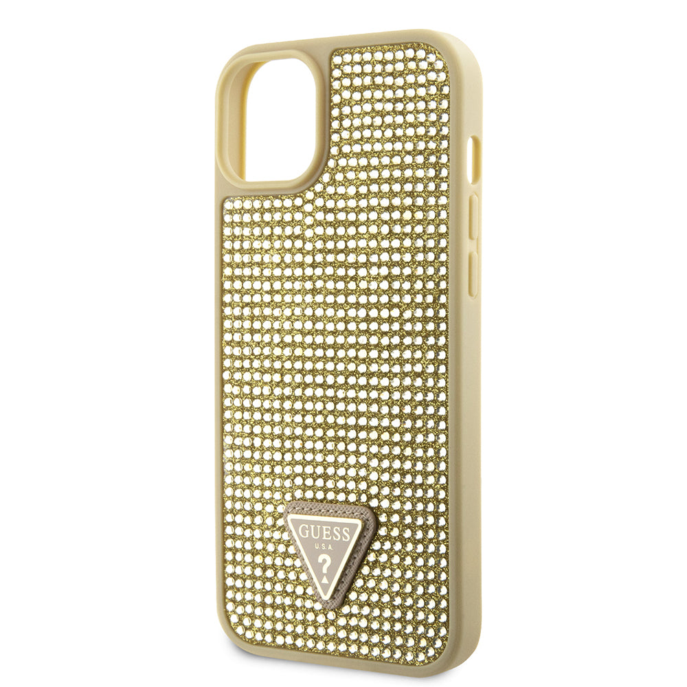 Apple iPhone 14 Kılıf Guess Üçgen Logolu Rhinestone Taşlı Kapak Gold
