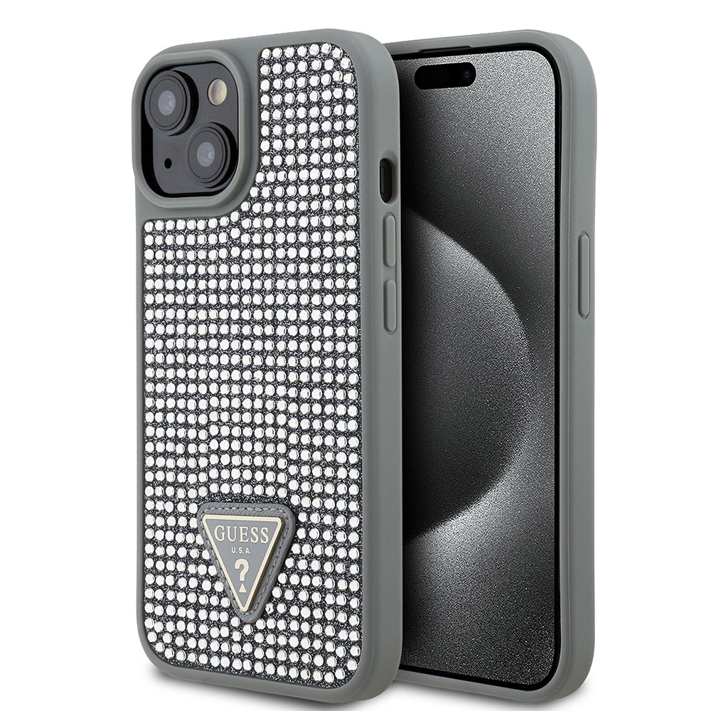 Apple iPhone 14 Kılıf Guess Üçgen Logolu Rhinestone Taşlı Kapak Gümüş