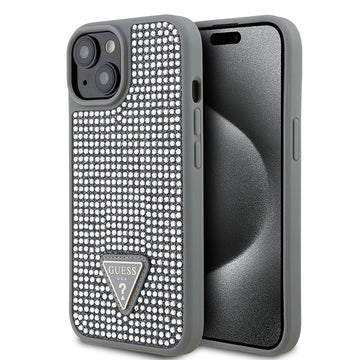 Apple iPhone 14 Kılıf Guess Üçgen Logolu Rhinestone Taşlı Kapak Gümüş