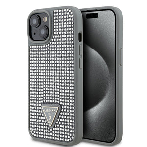 Apple iPhone 15 Kılıf Guess Üçgen Logolu Rhinestone Taşlı Kapak Gümüş