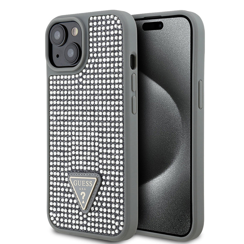 Apple iPhone 13/15 Kılıf Guess Üçgen Logolu Rhinestone Taşlı Kapak Gümüş