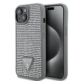 Apple iPhone 15 Kılıf Guess Üçgen Logolu Rhinestone Taşlı Kapak Gümüş
