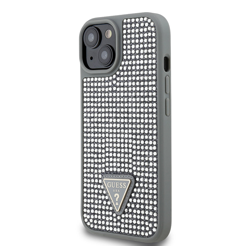 Apple iPhone 14 Kılıf Guess Üçgen Logolu Rhinestone Taşlı Kapak Gümüş