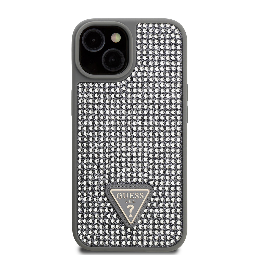 Apple iPhone 14 Kılıf Guess Üçgen Logolu Rhinestone Taşlı Kapak Gümüş