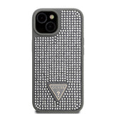 Apple iPhone 15 Kılıf Guess Üçgen Logolu Rhinestone Taşlı Kapak Gümüş