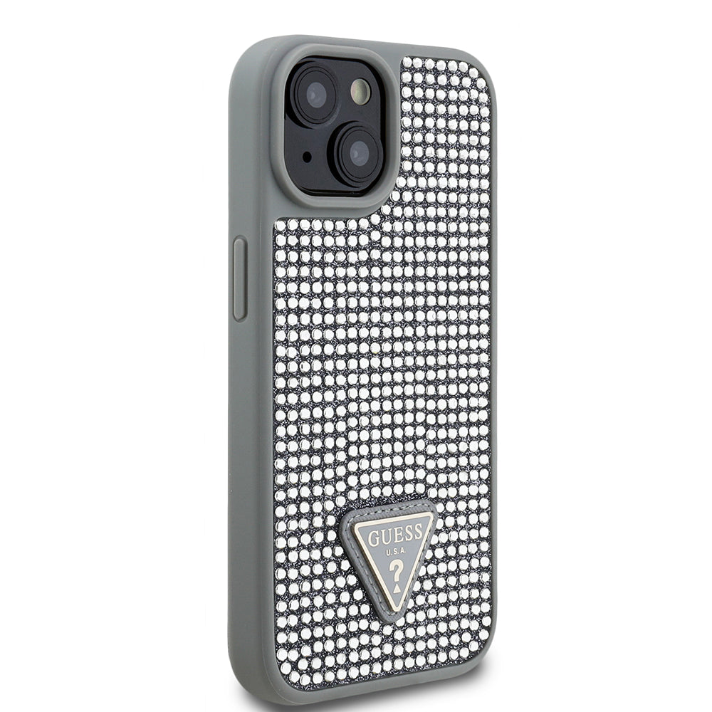 Apple iPhone 14 Kılıf Guess Üçgen Logolu Rhinestone Taşlı Kapak Gümüş