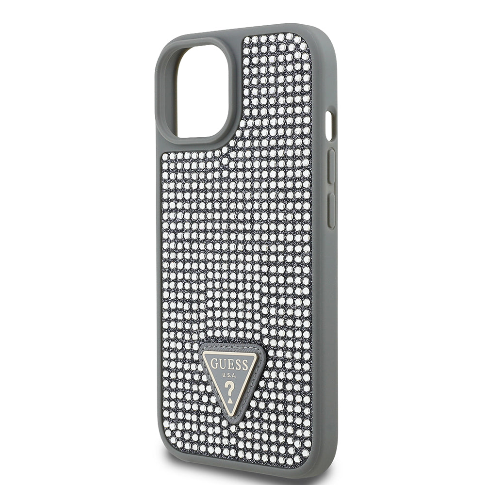 Apple iPhone 14 Kılıf Guess Üçgen Logolu Rhinestone Taşlı Kapak Gümüş
