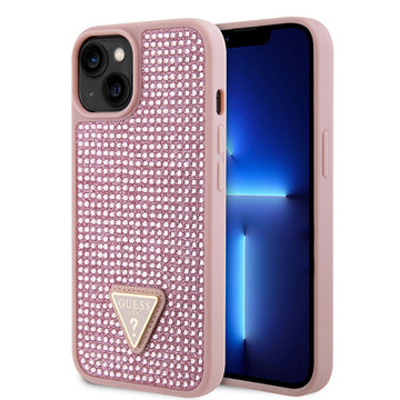 Apple iPhone 14 Kılıf Guess Üçgen Logolu Rhinestone Taşlı Kapak Pembe