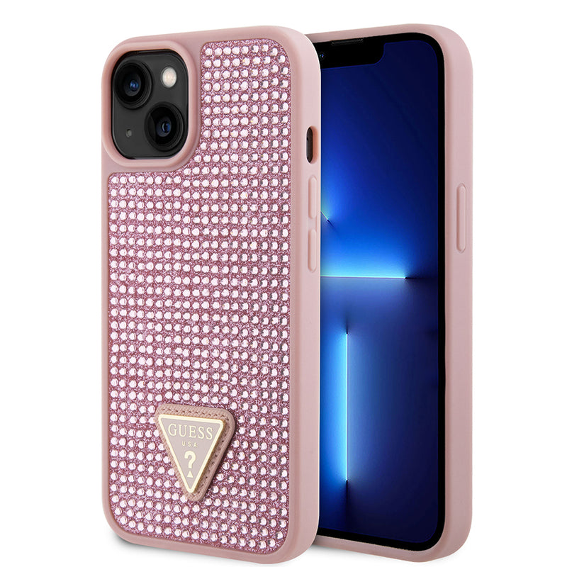 Apple iPhone 15 Kılıf Guess Üçgen Logolu Rhinestone Taşlı Kapak Pembe