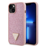 Apple iPhone 15 Kılıf Guess Üçgen Logolu Rhinestone Taşlı Kapak Pembe