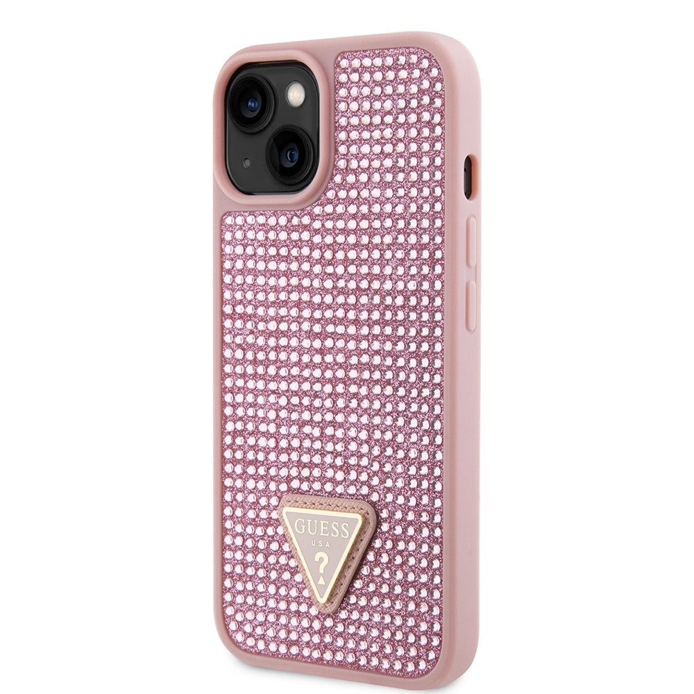 Apple iPhone 14 Kılıf Guess Üçgen Logolu Rhinestone Taşlı Kapak Pembe