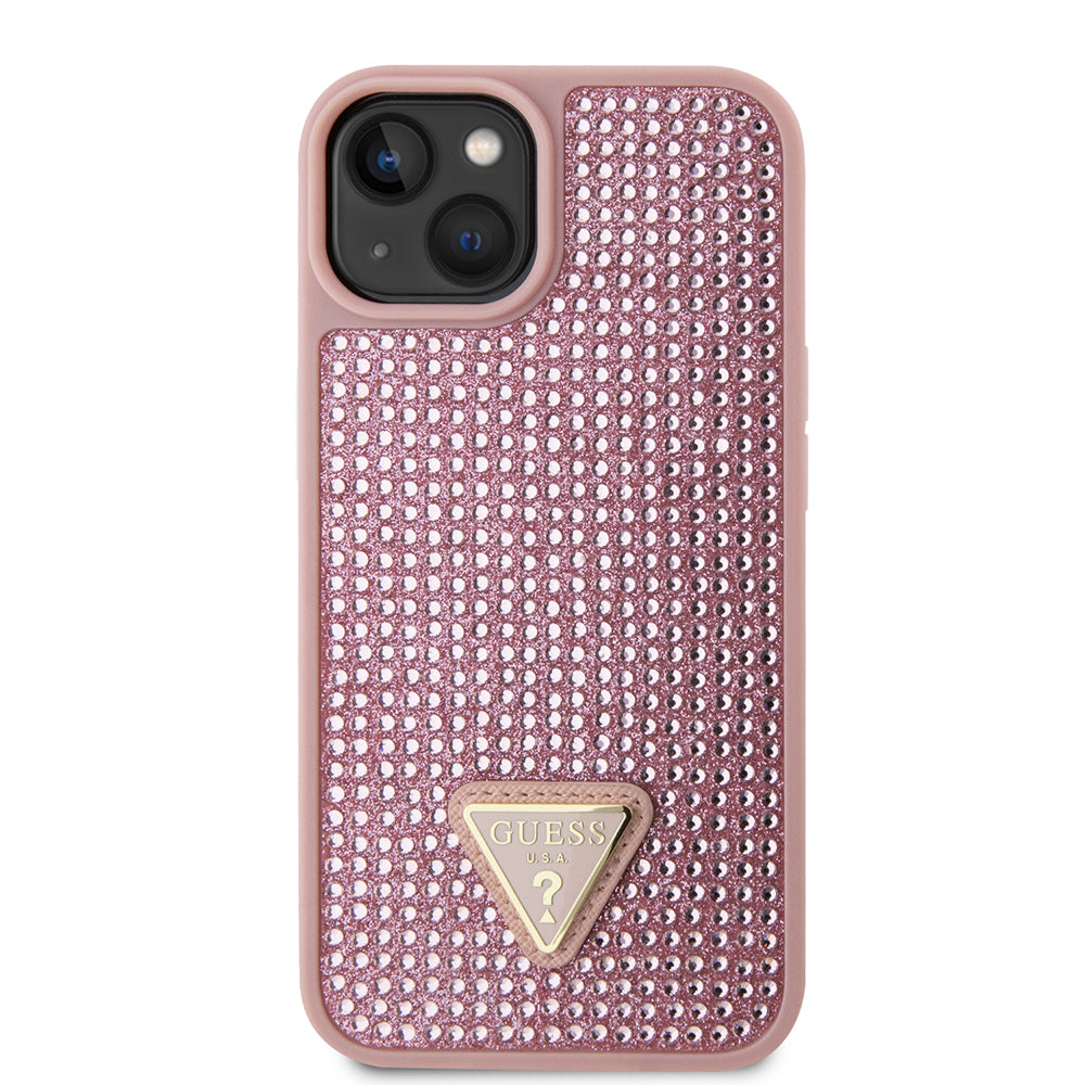 Apple iPhone 14 Kılıf Guess Üçgen Logolu Rhinestone Taşlı Kapak Pembe