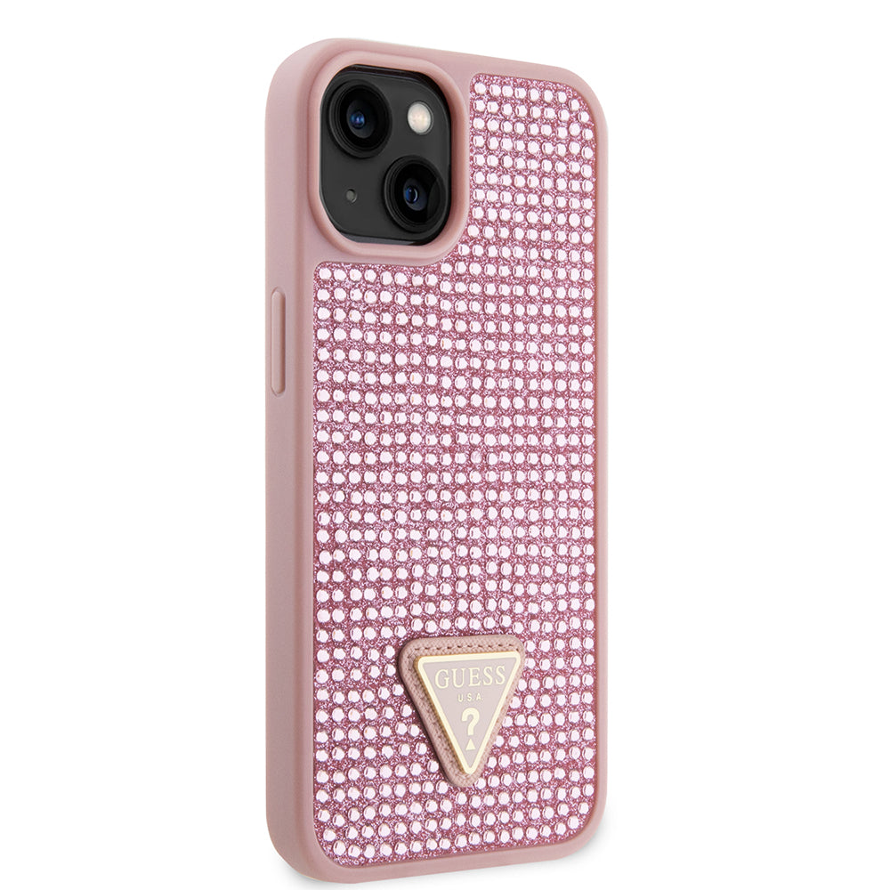 Apple iPhone 14 Kılıf Guess Üçgen Logolu Rhinestone Taşlı Kapak Pembe