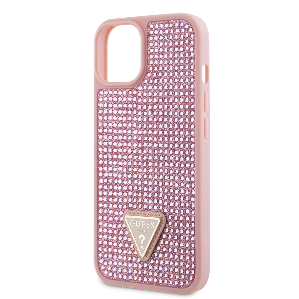 Apple iPhone 14 Kılıf Guess Üçgen Logolu Rhinestone Taşlı Kapak Pembe