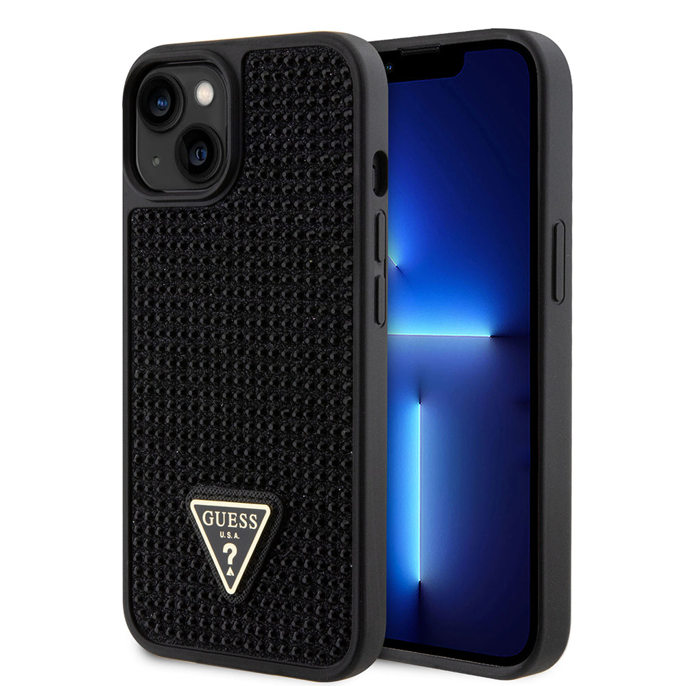 Apple iPhone 14 Kılıf Guess Üçgen Logolu Rhinestone Taşlı Kapak Siyah