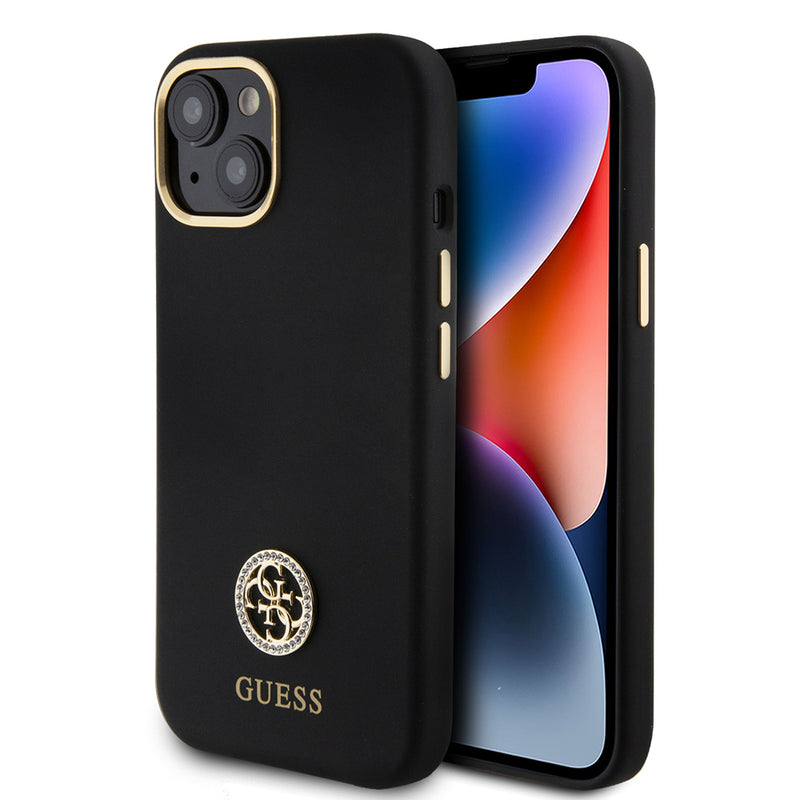 Apple iPhone 15 Kılıf Guess Yazı ve Taşlı 4G Logolu Metal kamera Çerçeveli Silikon Kapak Siyah