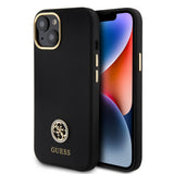 Apple iPhone 15 Kılıf Guess Yazı ve Taşlı 4G Logolu Metal kamera Çerçeveli Silikon Kapak Siyah