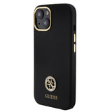 Apple iPhone 15 Kılıf Guess Yazı ve Taşlı 4G Logolu Metal kamera Çerçeveli Silikon Kapak Siyah