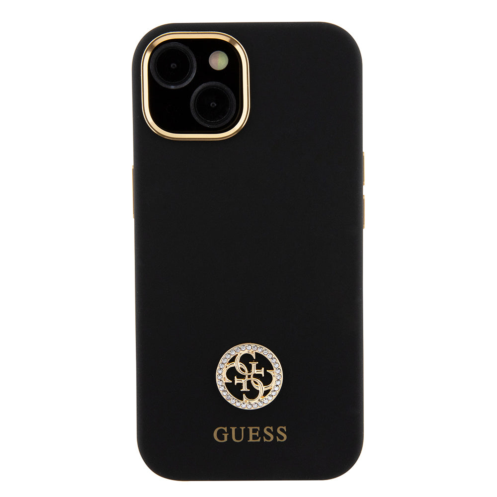 Apple iPhone 13/15 Kılıf Guess Yazı ve Taşlı 4G Logolu Metal kamera Çerçeveli Silikon Kapak Siyah