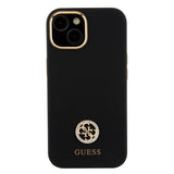 Apple iPhone 15 Kılıf Guess Yazı ve Taşlı 4G Logolu Metal kamera Çerçeveli Silikon Kapak Siyah